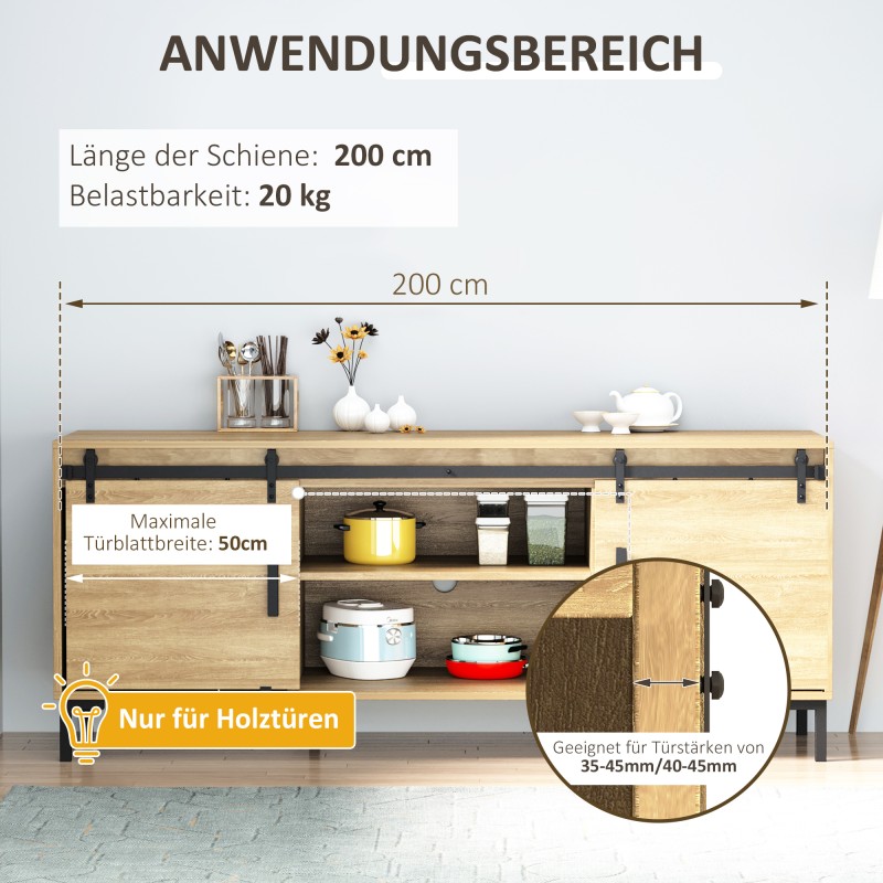 Liukuovikiskosarja kaksiosaiselle puuovelle, hiiliteräs, 200 cm, musta, täydellinen asennuspaketti