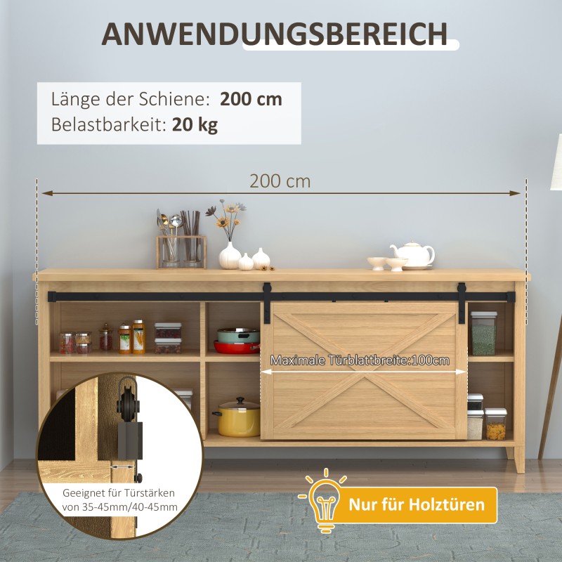 Liukuovikiskosarja puuovelle 200 cm, hiiliteräs, musta, täydellinen asennussetti