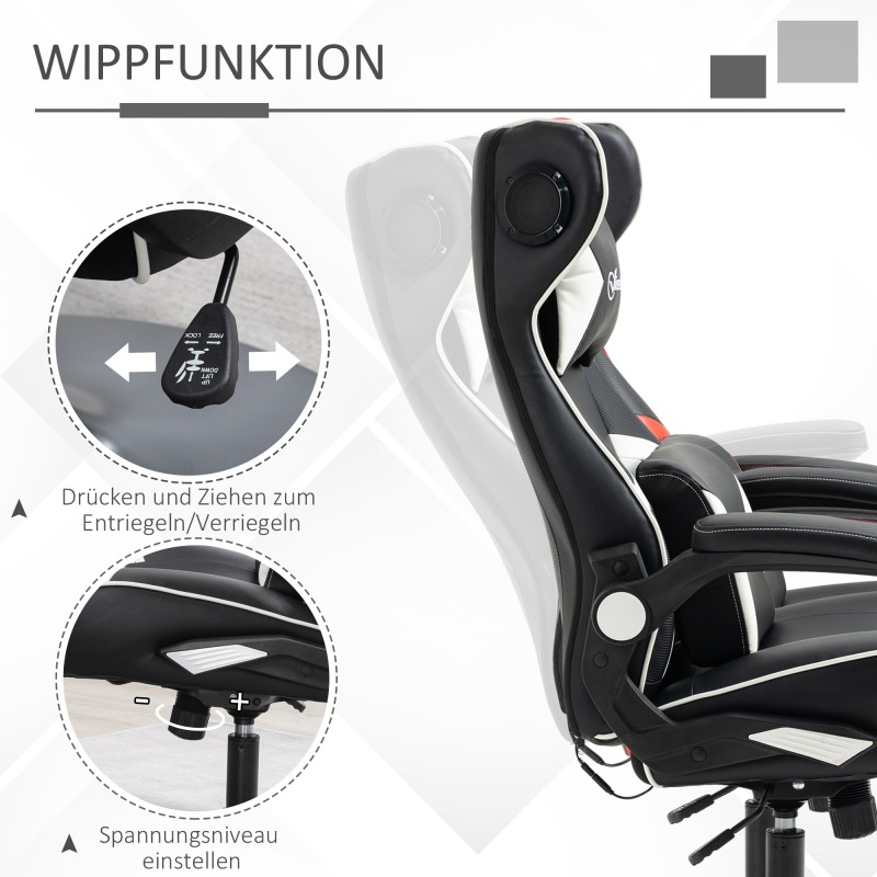 Pelituoli integroiduilla Bluetooth‑kaiuttimilla, keinonahka, säädettävä, 69 x 73 x 112–118 cm, musta‑valkoinen