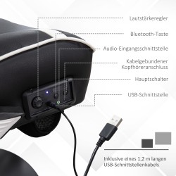Pelituoli integroiduilla Bluetooth‑kaiuttimilla, keinonahka, säädettävä, 69 x 73 x 112–118 cm, musta‑valkoinen