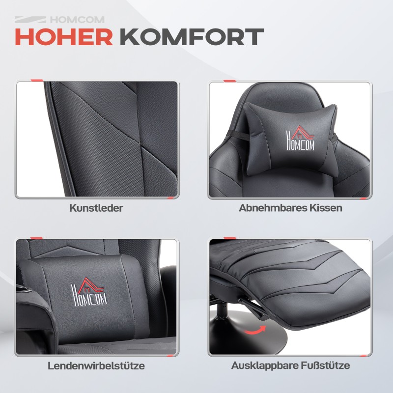 Pelituoli hierontatoiminnolla, kallistettava selkänoja ja jalkatuki, keinonahka, teräsrunko, musta