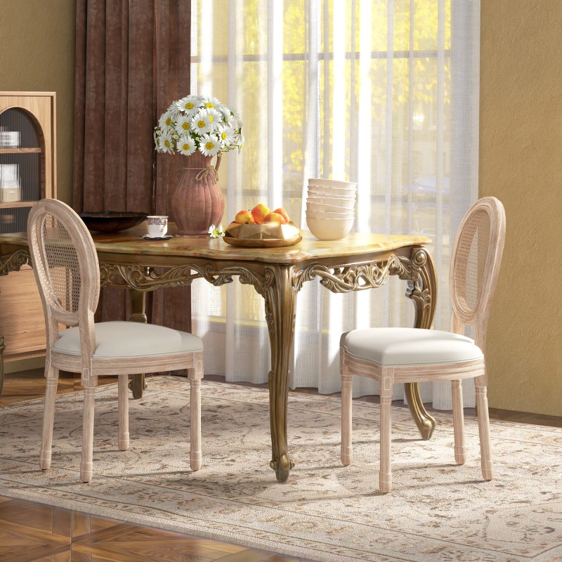 Ruokapöydän tuolit 2 kpl, vintage-tyyli, rottinkiselkänoja, kumipuu, luonnonpuu/creme