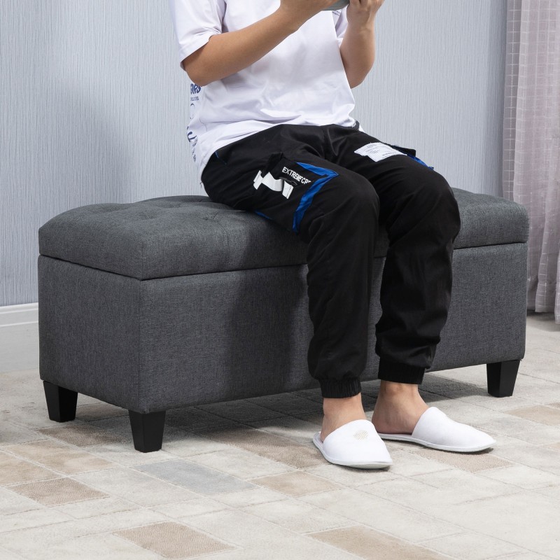 Säilytysrahi penkki puujaloin, pellavamainen polyesteri, 100 x 40 x 44 cm, tummanharmaa