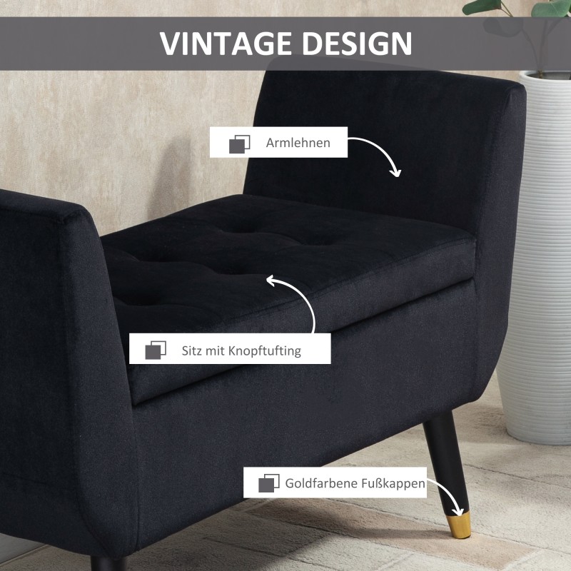 Säilytyspenkki käsinojilla olohuoneeseen/makuuhuoneeseen, samettipintainen, puujalat, 107 x 42 x 65 cm, musta