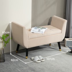 Säilytyspenkki käsinojilla, samettimainen polyesteri, kumipuujalat, 107 x 42 x 65 cm, beige