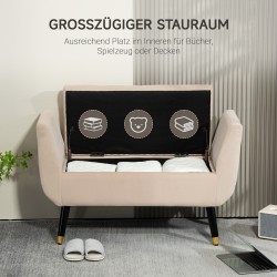 Säilytyspenkki käsinojilla, samettimainen polyesteri, kumipuujalat, 107 x 42 x 65 cm, beige