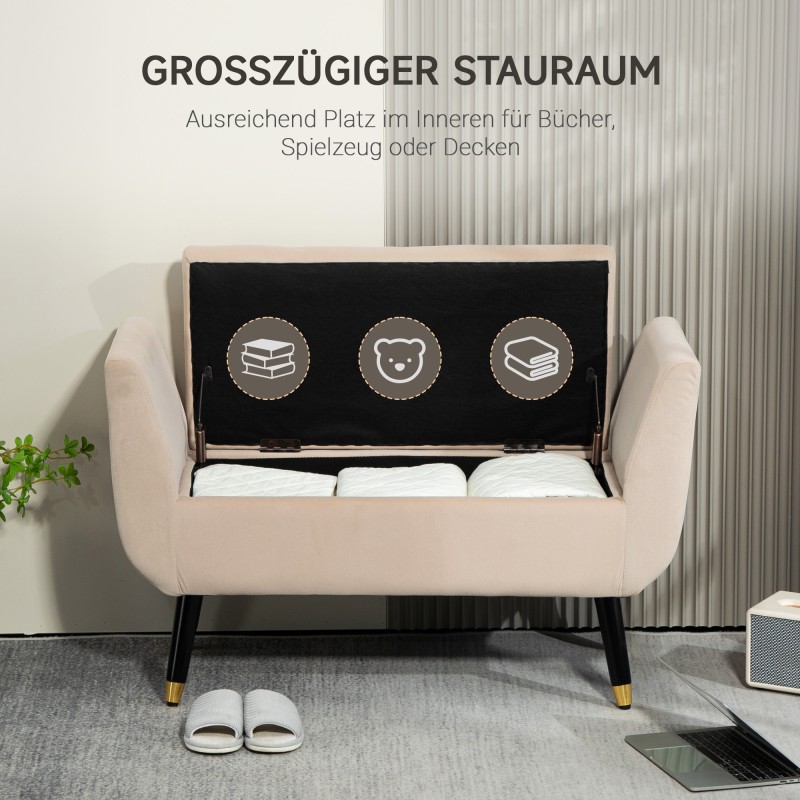 Säilytyspenkki käsinojilla, samettimainen polyesteri, kumipuujalat, 107 x 42 x 65 cm, beige