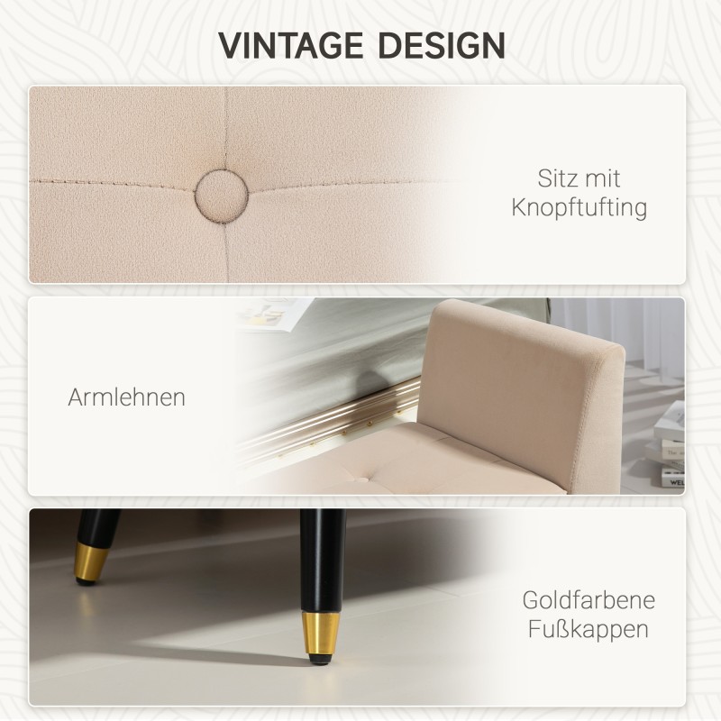 Säilytyspenkki käsinojilla, samettimainen polyesteri, kumipuujalat, 107 x 42 x 65 cm, beige