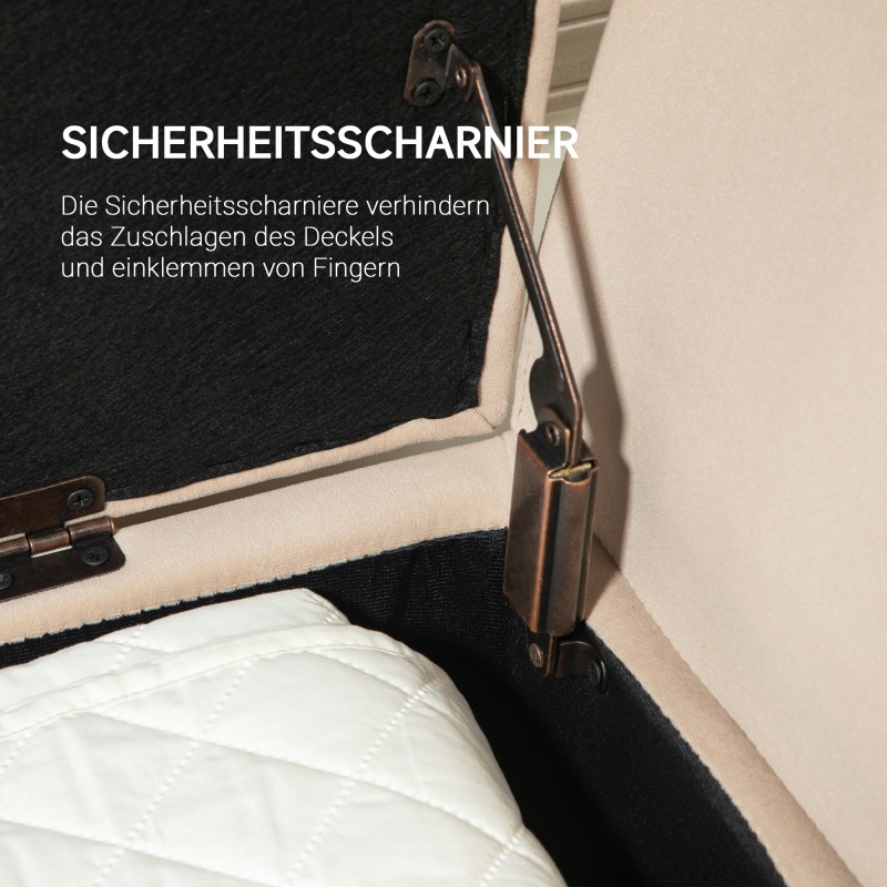 Säilytyspenkki käsinojilla, samettimainen polyesteri, kumipuujalat, 107 x 42 x 65 cm, beige