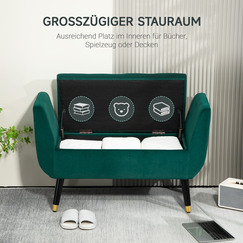 Säilytyspenkki käsinojilla, samettimainen polyesteri, 107 x 42 x 65 cm, vihreä