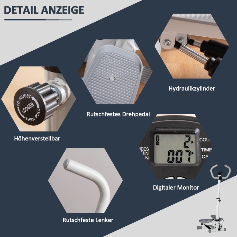 Sivuaskeltava stepperi kotiin, metallia ja ABS-muovia, säädettävä ohjaustanko ja LCD-näyttö, valkoinen/harmaa