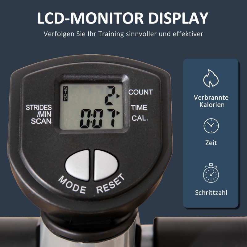 Sivuaskeltava stepperi kotiin, metallia ja ABS-muovia, säädettävä ohjaustanko ja LCD-näyttö, valkoinen/harmaa