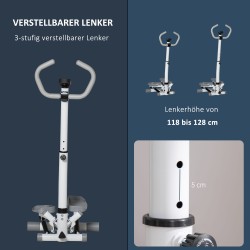 Sivuaskeltava stepperi kotiin, metallia ja ABS-muovia, säädettävä ohjaustanko ja LCD-näyttö, valkoinen/harmaa