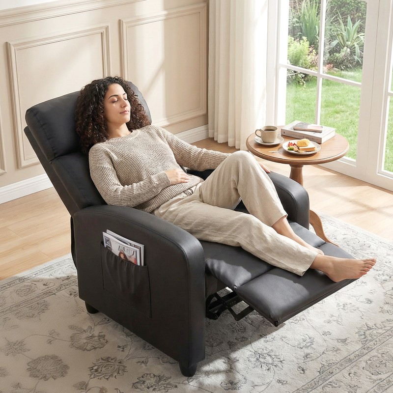 Hierottava lepotuoli ja TV-nojatuoli, keinonahka, 2 värinäpistettä, kallistuva selkänoja, musta