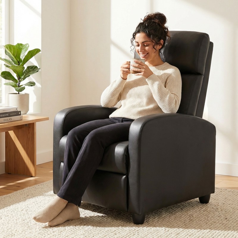 Hierottava lepotuoli ja TV-nojatuoli, keinonahka, 2 värinäpistettä, kallistuva selkänoja, musta