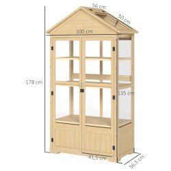 Kasvihuone hyllyillä ja kattoluukuilla, puurunko ja akryyliseinät, 100 x 56,5 x 178 cm, luonnonpuu