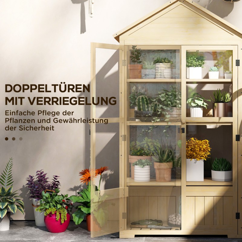 Kasvihuone hyllyillä ja kattoluukuilla, puurunko ja akryyliseinät, 100 x 56,5 x 178 cm, luonnonpuu