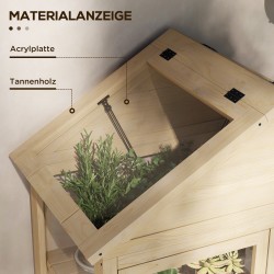 Kasvihuone hyllyillä ja kattoluukuilla, puurunko ja akryyliseinät, 100 x 56,5 x 178 cm, luonnonpuu