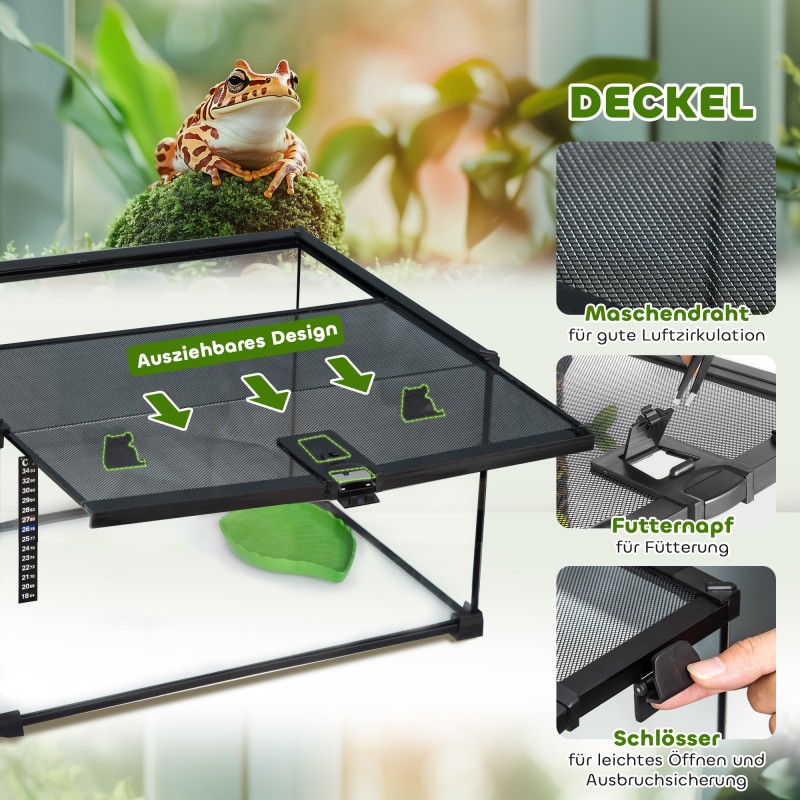 Matelija- ja hyönteisterraario lasi/metalli 50 x 30 x 25 cm musta, lämpömittarilla ja juoma-astialla