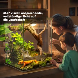 Lasiterraario matelijoille, karkaistu lasi, lukittava kansi, kaapelinhallinta, 45x45x60 cm, musta