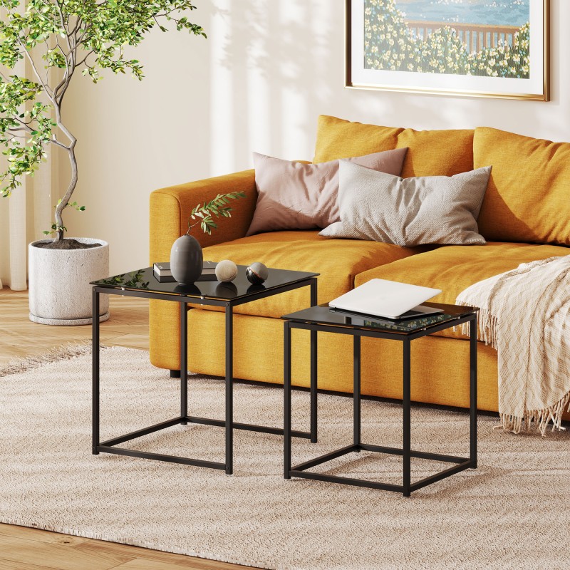 Apupöytäsetti 2 kpl, karkaistu lasi ja teräs, pinottava, olohuoneeseen, musta