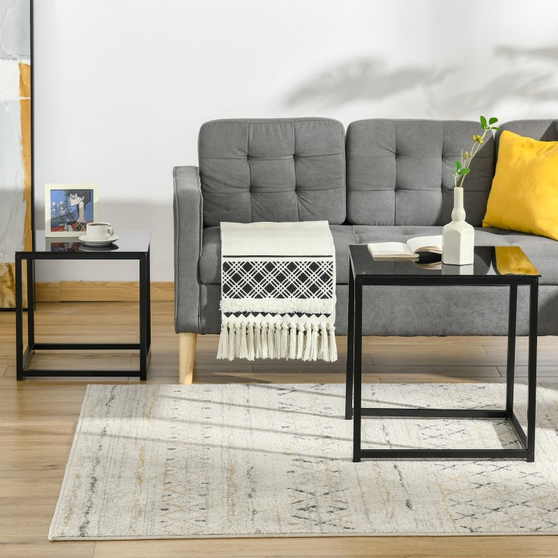 Apupöytäsetti 2 kpl, karkaistu lasi ja teräs, pinottava, olohuoneeseen, musta