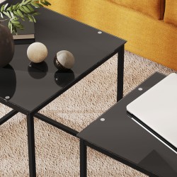 Apupöytäsetti 2 kpl, karkaistu lasi ja teräs, pinottava, olohuoneeseen, musta