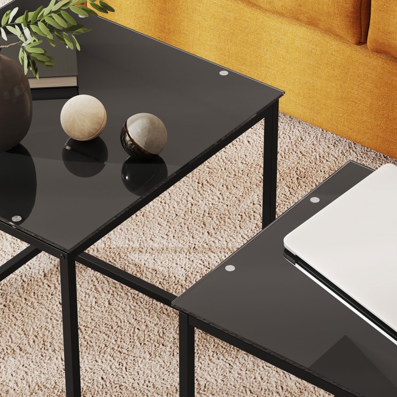 Apupöytäsetti 2 kpl, karkaistu lasi ja teräs, pinottava, olohuoneeseen, musta