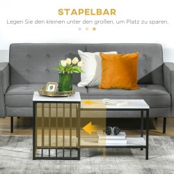 Sohvapöytäsarja 2 osaa, MDF-kansi ja teräsrunko, setattava, valkoinen/musta