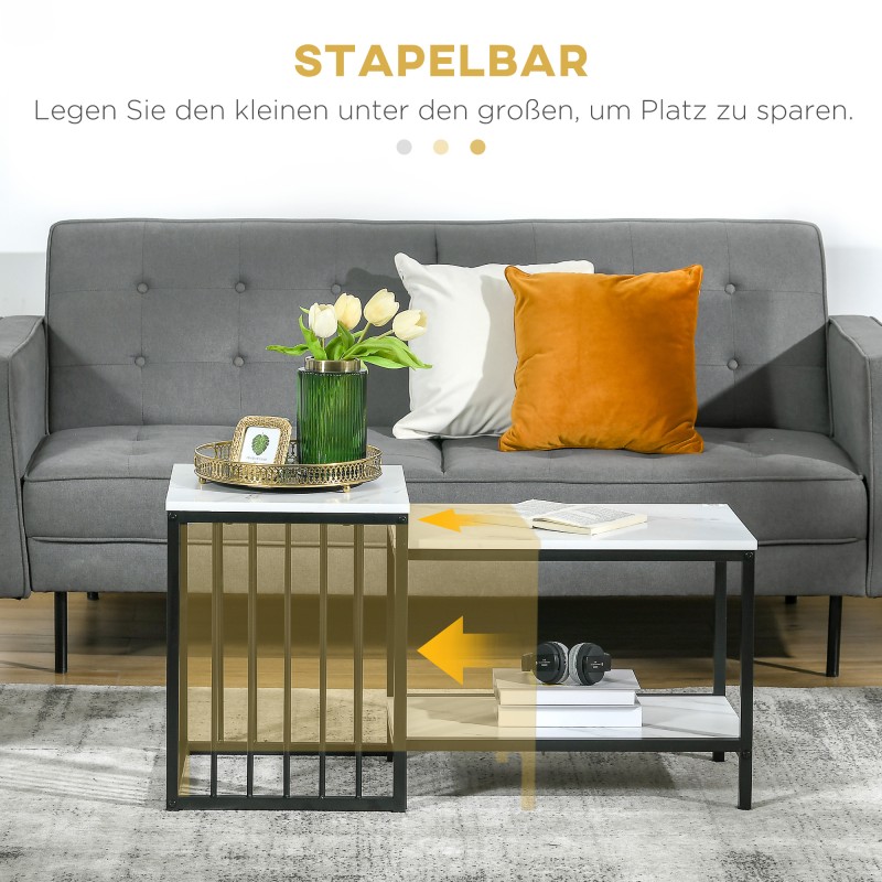 Sohvapöytäsarja 2 osaa, MDF-kansi ja teräsrunko, setattava, valkoinen/musta