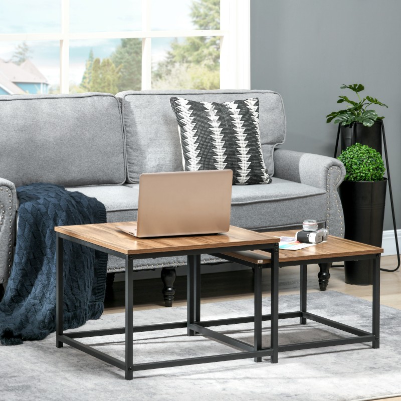 Satztisch-Set 2 kpl sohvapöytää, industrial-tyyli, musta teräsrunko, puukuvioitu kansi