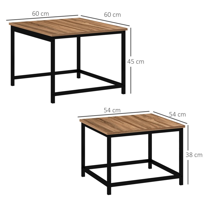 Satztisch-Set 2 kpl sohvapöytää, industrial-tyyli, musta teräsrunko, puukuvioitu kansi