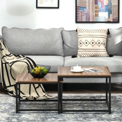 Satztisch-Set 2 kpl sohvapöytää, industrial-tyyli, musta teräsrunko, puukuvioitu kansi