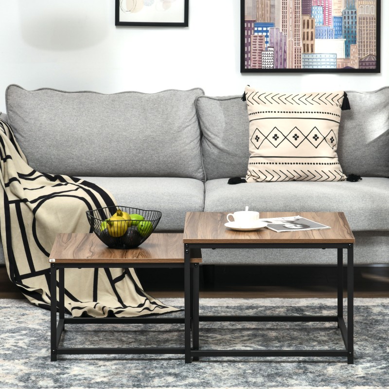 Satztisch-Set 2 kpl sohvapöytää, industrial-tyyli, musta teräsrunko, puukuvioitu kansi