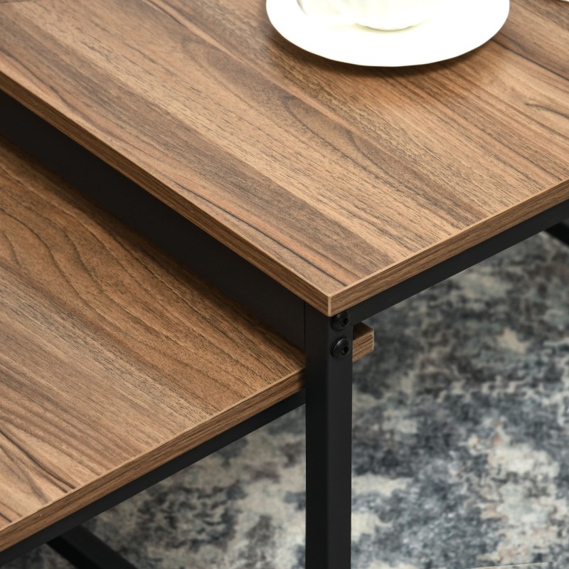 Satztisch-Set 2 kpl sohvapöytää, industrial-tyyli, musta teräsrunko, puukuvioitu kansi