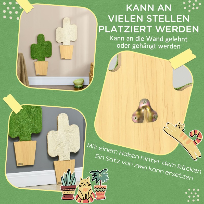 Kissan raapimalevy seinään, kaktusdesign, juuttipinta, 30 x 60 cm, 2 kpl, Eiche+Weiß+Grün