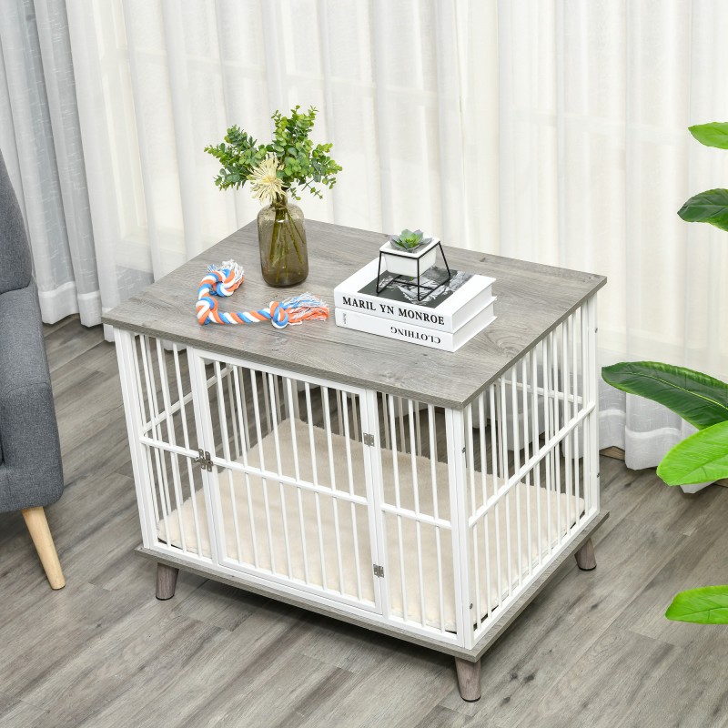 Koiranhäkki keskikokoisille koirille, puu ja teräs, tyyny, 86 x 60 x 70 cm, valkoinen/harmaa