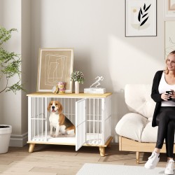 Koiran sisähäkki lukittavalla ovella, teräs ja levy, irrotettava tyyny, 86x60x70 cm, valkoinen/harmaa