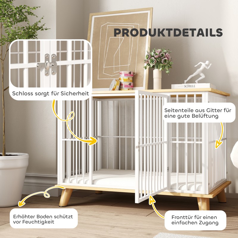 Koiran sisähäkki lukittavalla ovella, teräs ja levy, irrotettava tyyny, 86x60x70 cm, valkoinen/harmaa