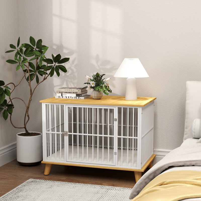 Koiran sisähäkki lukittavalla ovella, teräs ja levy, irrotettava tyyny, 86x60x70 cm, valkoinen/harmaa