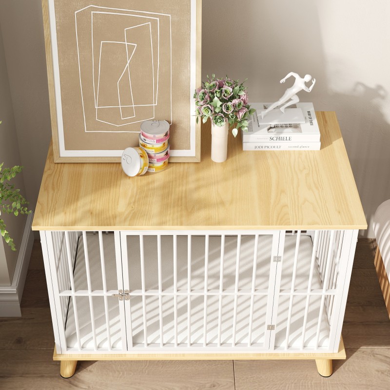 Koiran sisähäkki lukittavalla ovella, teräs ja levy, irrotettava tyyny, 86x60x70 cm, valkoinen/harmaa