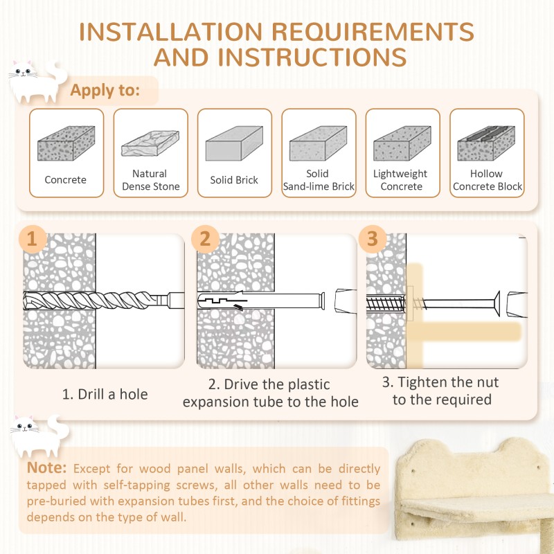 Kissan seinään kiinnitettävä kiipeilysetti ja raapimispuu, 4-osainen, lastulevy/plyysi/sisal, beige/kermanvalkoinen