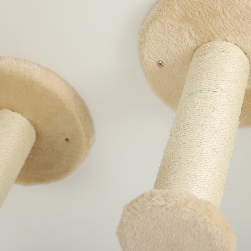 Kissan seinälle kiinnitettävä kiipeilysetti raapimapylväillä ja kulmatasolla, 3 osaa, beige