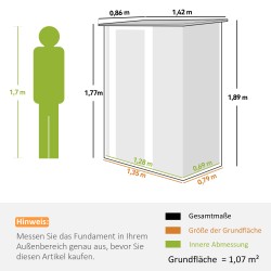 Metallinen pihavarasto / puutarhavaja 1,07 m² 142 x 86 x 189 cm, lukittava ovi, tummanharmaa