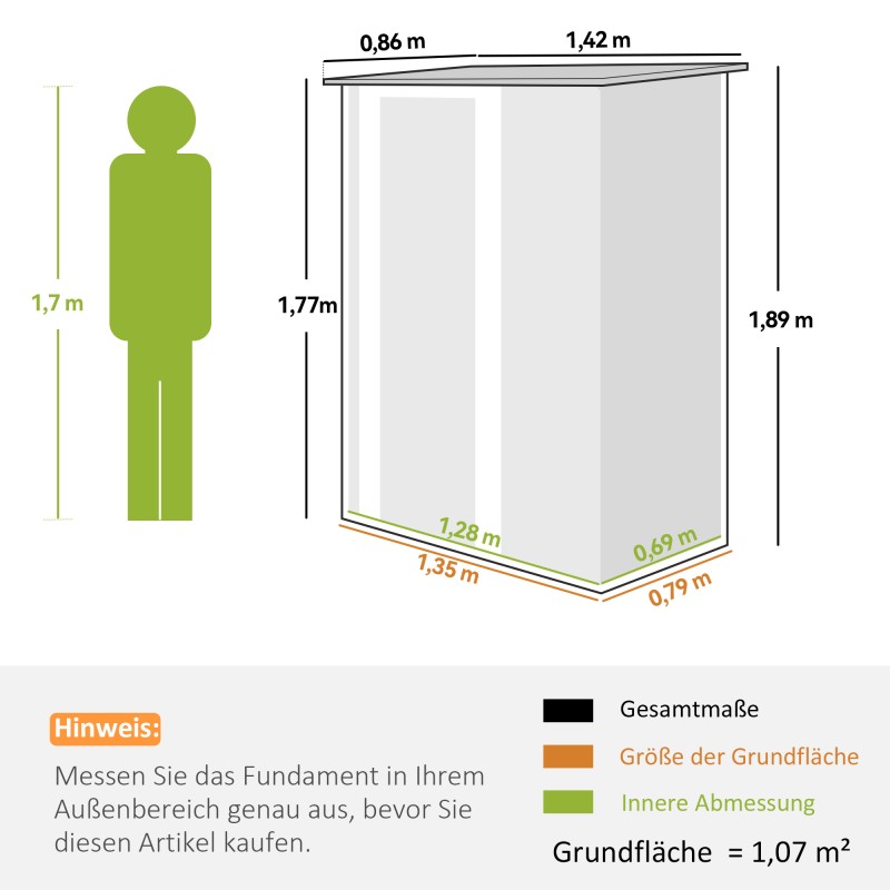 Metallinen pihavarasto / puutarhavaja 1,07 m² 142 x 86 x 189 cm, lukittava ovi, tummanharmaa