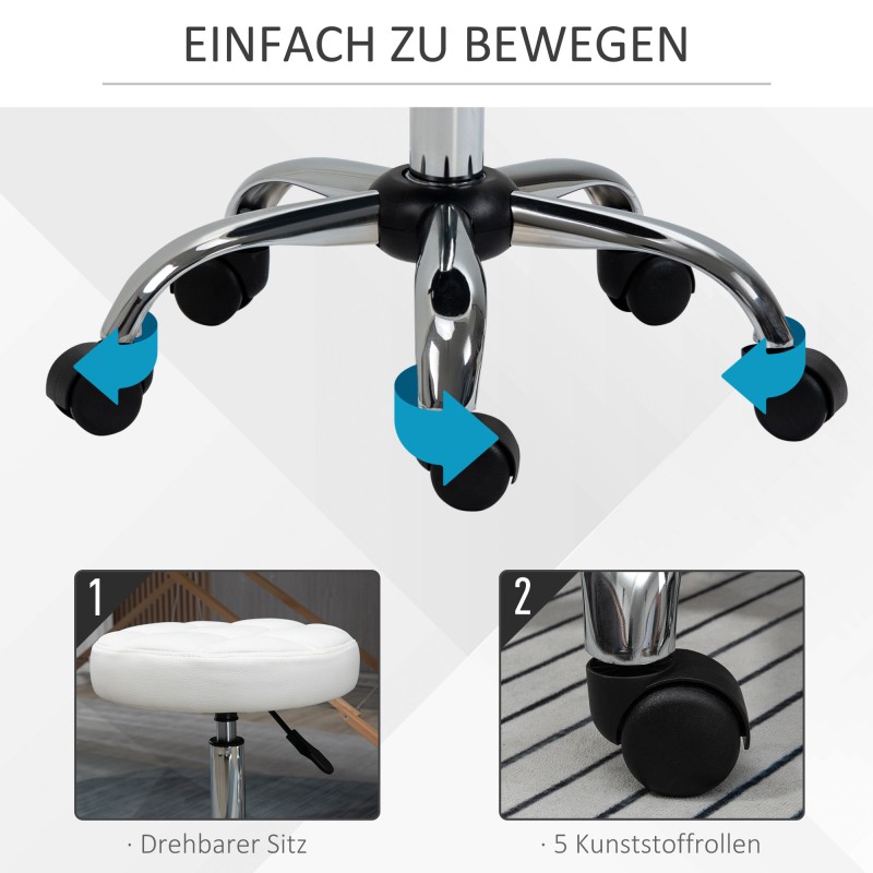 Kampaamo- ja salonkijakkara pyörillä, keinonahkaa, korkeussäädettävä, Ø35,5 cm, valkoinen/hopea