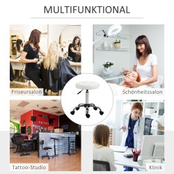 Kampaamo- ja salonkijakkara pyörillä, keinonahkaa, korkeussäädettävä, Ø35,5 cm, valkoinen/hopea