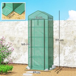 Kasvihuone viidellä hyllytasolla, teräs ja muovi, 69 x 49 x 193 cm, vihreä