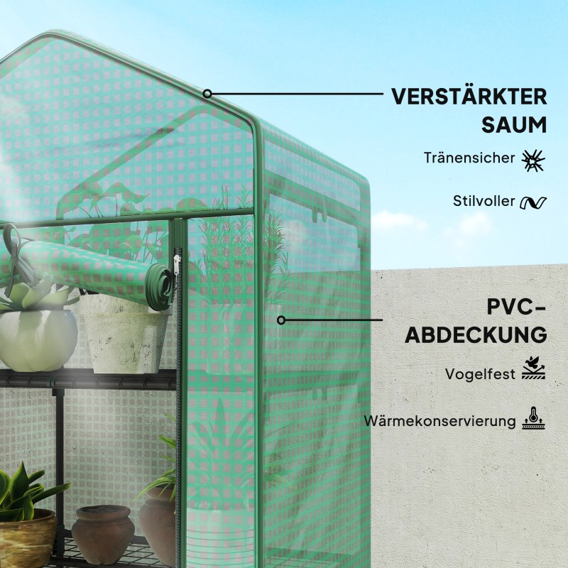 Kasvihuone viidellä hyllytasolla, teräs ja muovi, 69 x 49 x 193 cm, vihreä