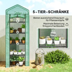 Kasvihuone viidellä hyllytasolla, teräs ja muovi, 69 x 49 x 193 cm, vihreä